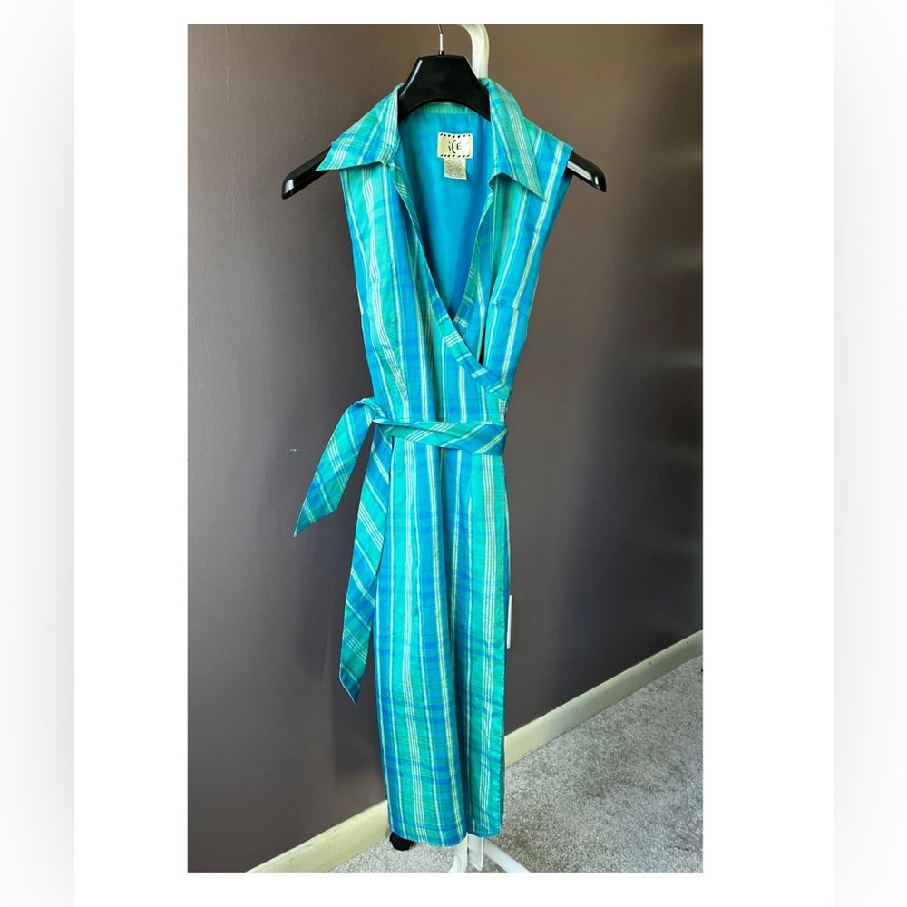 ❌sold❌Vintage ICE Silk Plaid Wrap Dress Sleeveless Lined Women’s